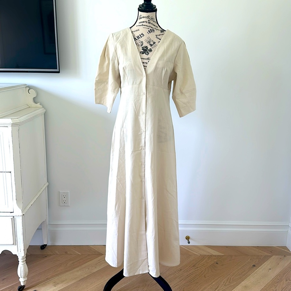 Commense Cotton and Linen Button Front Knotted Long Dress